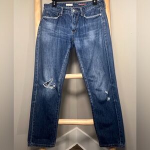 Pilcro Anthropologie 27 dark wash distressed look denim slim boyfriend crop
